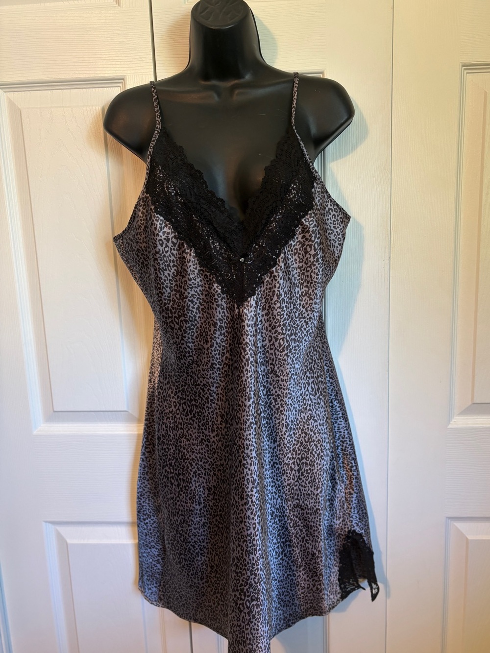 Black Leopard Satin Chemise with Lace Trim